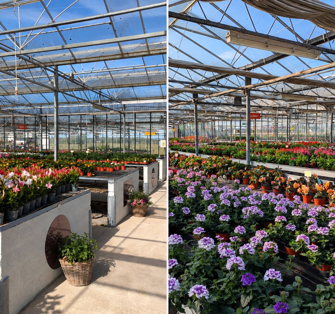 Deux vues intérieures des Serres du Chapitre : allée et étals de fleurs à gauche, tablettes de verveines et plantes fleuries à droite